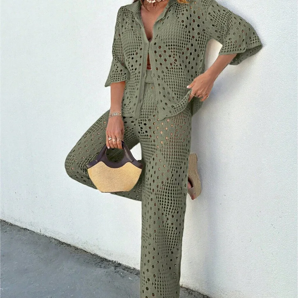 Olive Green Women's Set Rhombus Crochet Loose Batwing Cover Up And Loose Pants